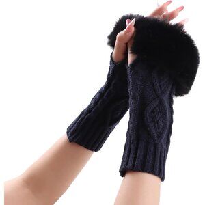Women's Navy Winter Arm Warmers Wrist Thumb Hole Faux Fur Fingerless Gloves